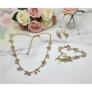 Cookie Lee Faux Pearl Crystal Dangle Charm Jewelry Set Necklace Bracelet Earring